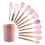 Casa si Gradina - Bucatarie si vesela - Ustensile bucatarie - Seturi ustensile de bucatarie - Set 12 ustensile de bucatarie Lemn/Silicon Roz - Infinity.ro