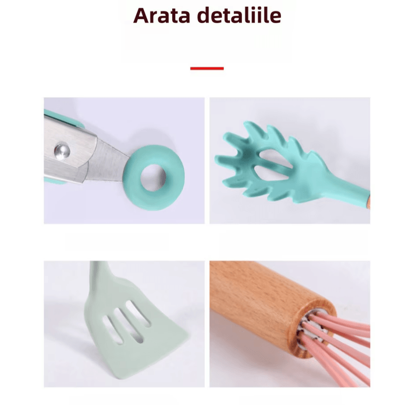 Casa si Gradina - Bucatarie si vesela - Ustensile bucatarie - Seturi ustensile de bucatarie - Set 12 ustensile de bucatarie Lemn/Silicon Roz - Infinity.ro