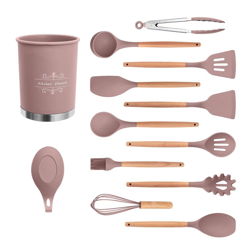 Casa si Gradina - Bucatarie si vesela - Ustensile bucatarie - Seturi ustensile de bucatarie - Set 12 ustensile de bucatarie cu maner de lemn roz - Infinity.ro