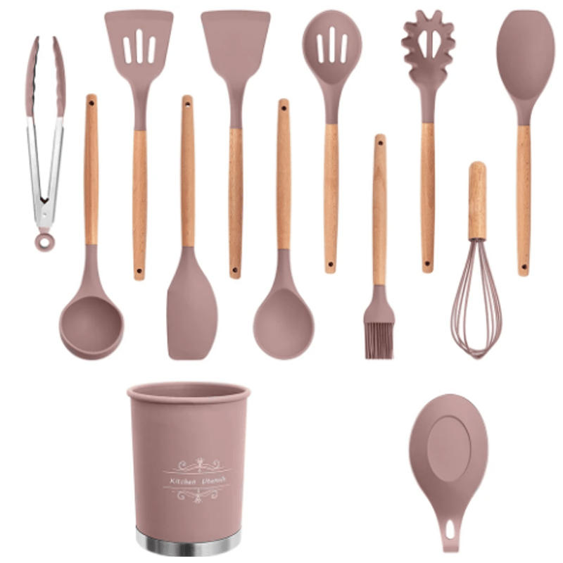 Casa si Gradina - Bucatarie si vesela - Ustensile bucatarie - Seturi ustensile de bucatarie - Set 12 ustensile de bucatarie cu maner de lemn roz - Infinity.ro