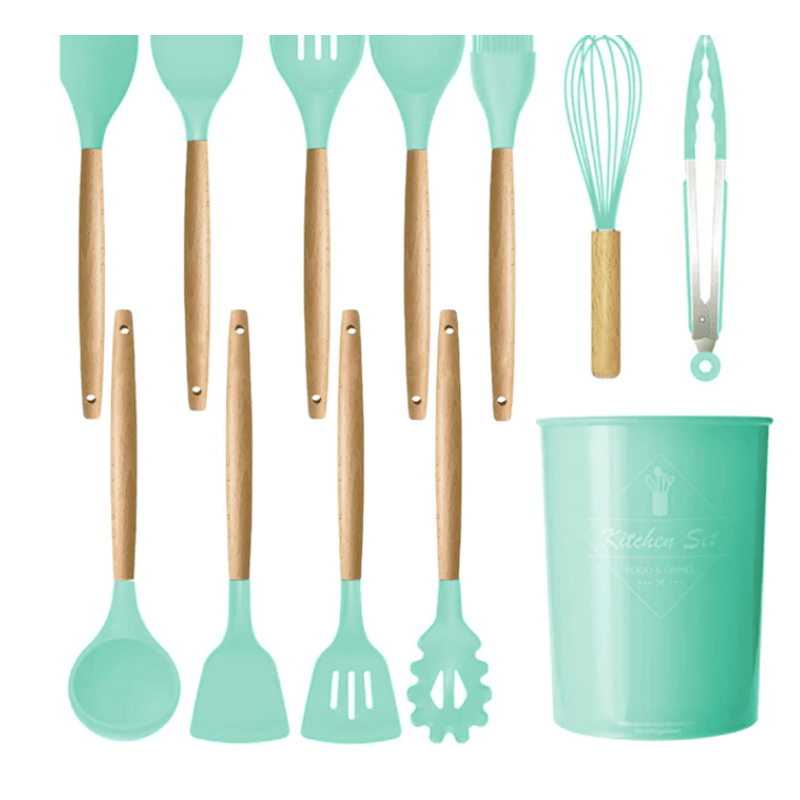Casa si Gradina - Bucatarie si vesela - Ustensile bucatarie - Seturi ustensile de bucatarie - Set 12 ustensile de bucatarie Lemn/Silicon Verde - Infinity.ro