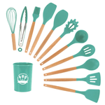 Casa si Gradina - Bucatarie si vesela - Ustensile bucatarie - Seturi ustensile de bucatarie - Set 12 ustensile de bucatarie Lemn/Silicon Verde - Infinity.ro