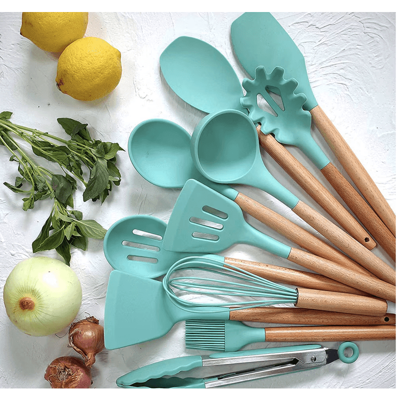 Casa si Gradina - Bucatarie si vesela - Ustensile bucatarie - Seturi ustensile de bucatarie - Set 12 ustensile de bucatarie Lemn/Silicon Verde - Infinity.ro