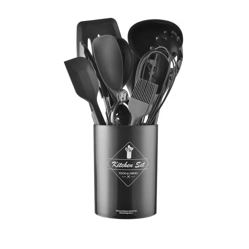 Casa si Gradina - Bucatarie si vesela - Ustensile bucatarie - Seturi ustensile de bucatarie - Set 12 ustensile de bucatarie Lemn/Silicon Negru - Infinity.ro