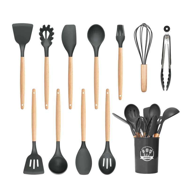 Casa si Gradina - Bucatarie si vesela - Ustensile bucatarie - Seturi ustensile de bucatarie - Set 12 ustensile de bucatarie Lemn/Silicon Gri Inchis - Infinity.ro