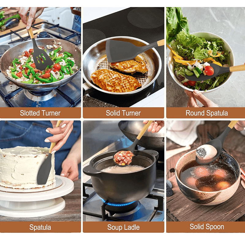 Casa si Gradina - Bucatarie si vesela - Ustensile bucatarie - Seturi ustensile de bucatarie - Set 12 ustensile de bucatarie Lemn/Silicon Negru - Infinity.ro