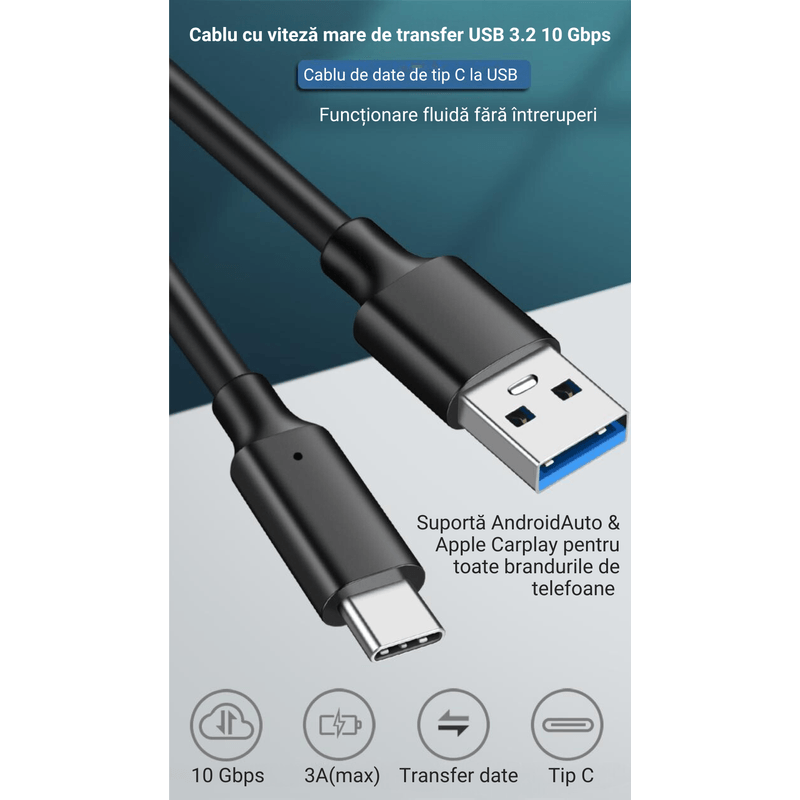 Laptop, Telefoane si Tablete - Telefoane mobile si accesorii - Accesorii Telefoane - Cabluri si adaptoare telefoane - Cablu USB 3.2, PRESTIGE CHARGE®, transfer 10Gbps, AndroidAuto & Apple CarPlay, 60W, compatibil cu orice brand, 1 m - Infinity.ro
