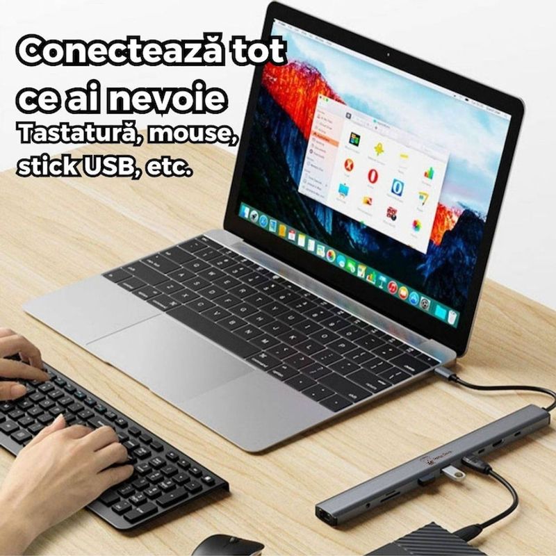 PC, gaming si accesorii - Retelistica - Hub-uri - HUB USB-C 10-in-1, PRESTIGE CHARGE®, Type-C 100W, Incarcare rapida, pentru Laptop, Tableta si Alte Dispozitive USB-C - Infinity.ro