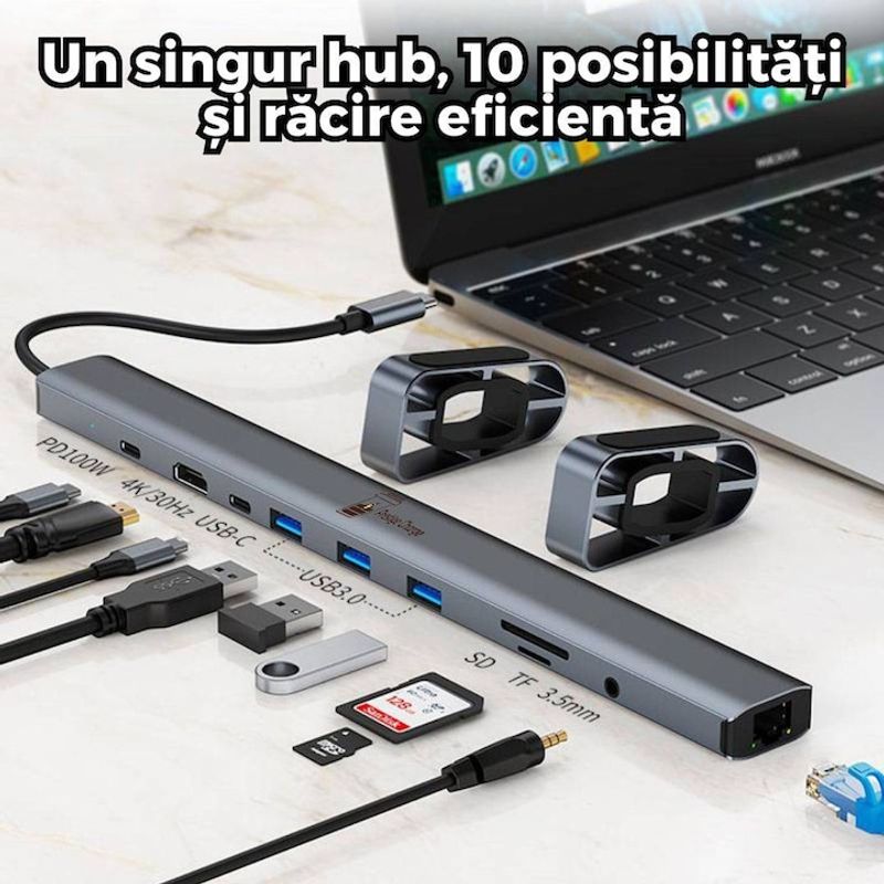 PC, gaming si accesorii - Retelistica - Hub-uri - HUB USB-C 10-in-1, PRESTIGE CHARGE®, Type-C 100W, Incarcare rapida, pentru Laptop, Tableta si Alte Dispozitive USB-C - Infinity.ro