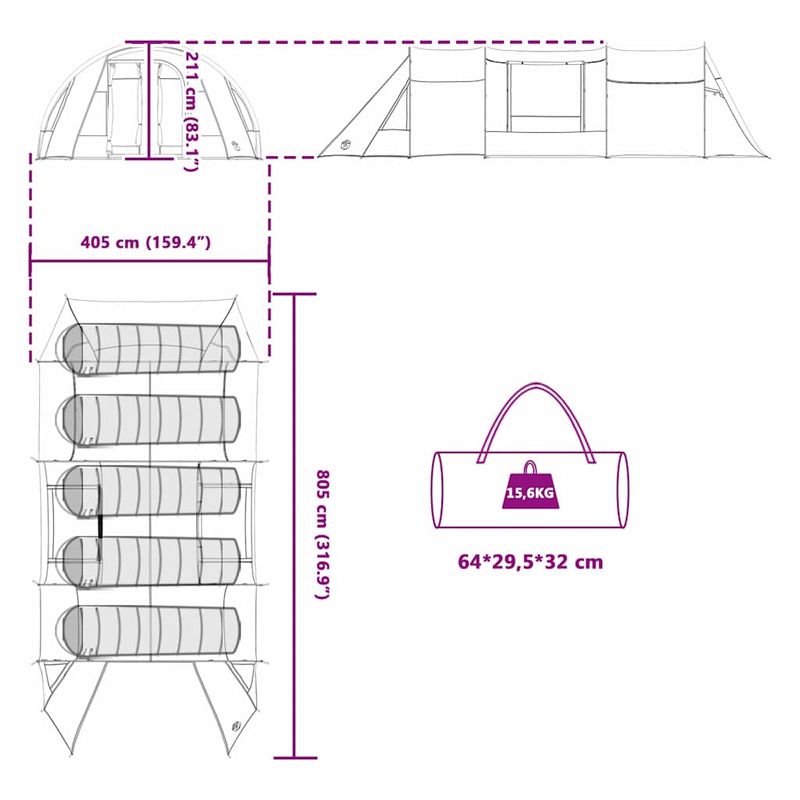 Sport si Outdoor - Camping - Corturi camping - Cort tunel cu acoperis Albastru si Gri 778 x 356 x 210 cm - Infinity.ro