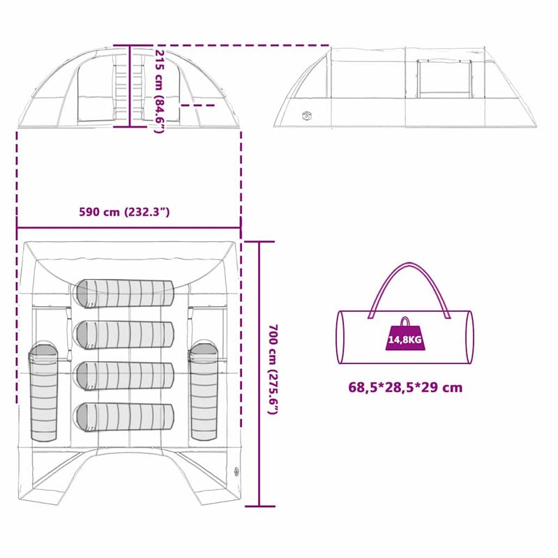 Sport si Outdoor - Camping - Corturi camping - Cort tunel cu acoperis Albastru si Gri 700 x 590 x 215 cm - Infinity.ro