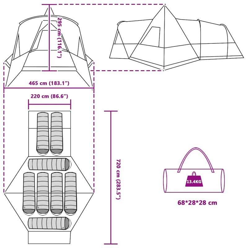 Sport si Outdoor - Camping - Corturi camping - Cort Teepee Verde 720 x 465 x 295 cm Poliester 185T cu strat PU - Infinity.ro