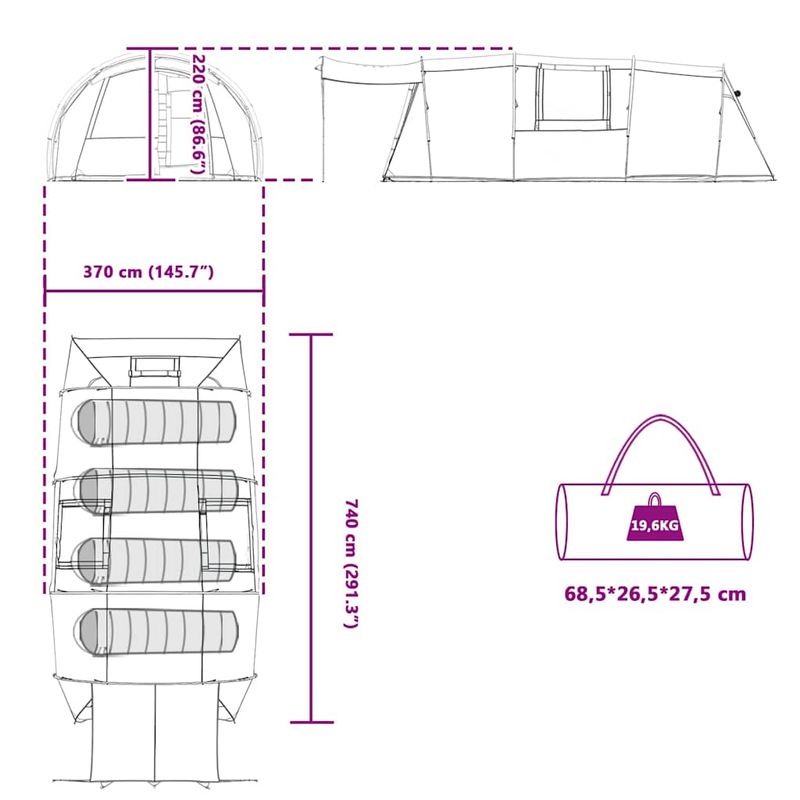 Sport si Outdoor - Camping - Corturi camping - Cort tunel cu acoperis Verde si alb 740 x 370 x 220 cm - Infinity.ro