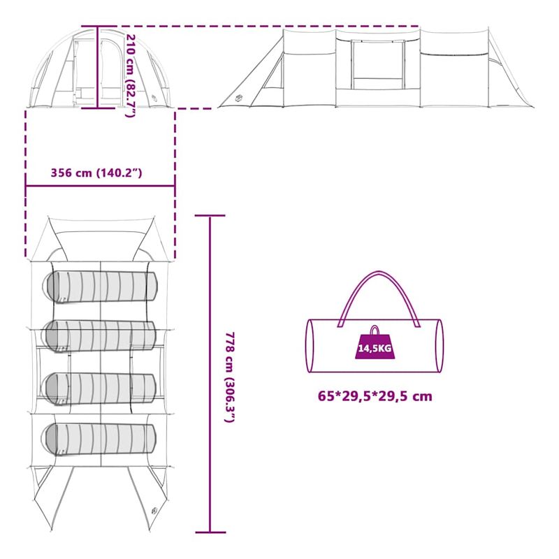 Sport si Outdoor - Camping - Corturi camping - Cort tunel cu acoperis Verde si alb 778 x 356 x 210 cm - Infinity.ro