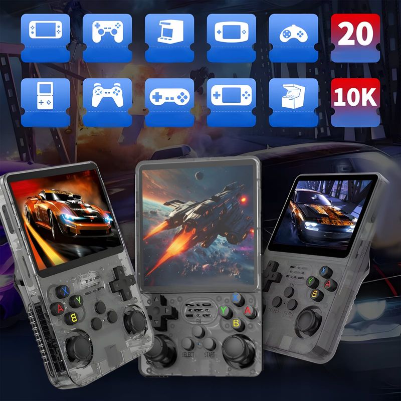PC, gaming si accesorii - Gaming - Console gaming - Consola portabila retro R36S, 64GB, peste 15000 jocuri clasice preinstalate, ecran IPS 3.5” HD, joystick dual 3D - Infinity.ro