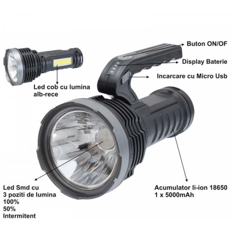 Casa si Gradina - Corpuri si surse de iluminat - Iluminat exterior - Lanterne - Lanterna de mana SL 02 cu LED T6 si COB 1000 lumeni - Infinity.ro