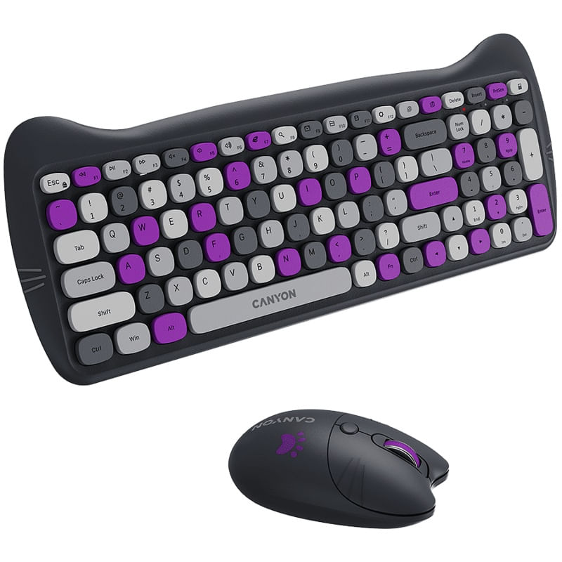 PC, gaming si accesorii - Periferice PC - Tastaturi - Set tastatura si mouse fara fir Canyon, HSET-W6 Kitty Edition, violet - Infinity.ro