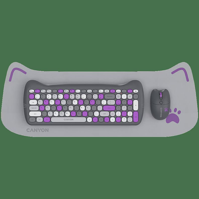 PC, gaming si accesorii - Periferice PC - Tastaturi - Set tastatura si mouse fara fir Canyon, HSET-W6 Kitty Edition, violet - Infinity.ro