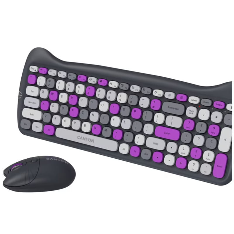PC, gaming si accesorii - Periferice PC - Tastaturi - Set tastatura si mouse fara fir Canyon, HSET-W6 Kitty Edition, violet - Infinity.ro