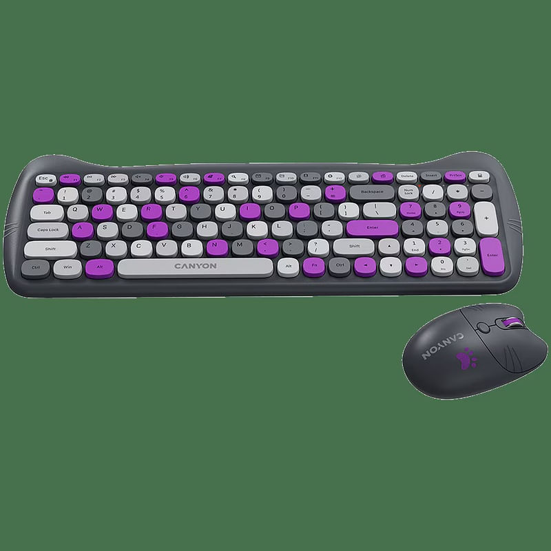 PC, gaming si accesorii - Periferice PC - Tastaturi - Set tastatura si mouse fara fir Canyon, HSET-W6 Kitty Edition, violet - Infinity.ro