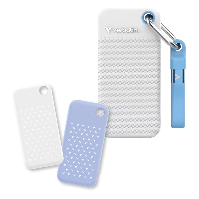 PC, gaming si accesorii - Periferice PC - SSD-uri externe - Pocket SSD Verbatim, Summer Edition, 1TB, USB-C 3.2 Gen 2, Doua huse cauciuc alb si albastru deschis, Alb - Infinity.ro