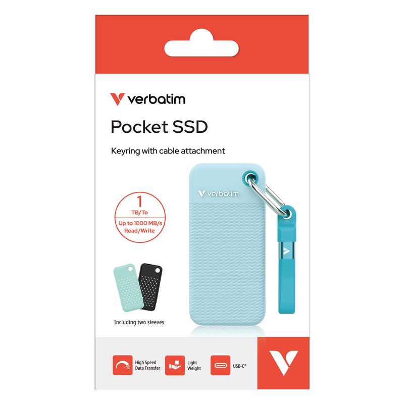 PC, gaming si accesorii - Periferice PC - SSD-uri externe - Pocket SSD Verbatim, Summer Edition, 1TB, USB-C 3.2 Gen 2, Doua huse cauciuc Black & Polar Blue - Infinity.ro