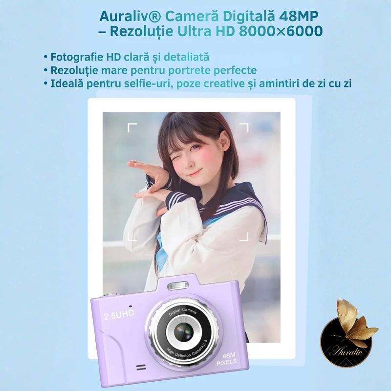 TV, Audio-Video si Foto - Aparate foto si accesorii - Aparate foto - Camera Foto Digitala Auraliv® Albastru 48MP Ultra HD, 2.5K UHD, Video 1080P, Ecran IPS 2.8”,Baterie 750mAh, Card 32GB - Infinity.ro