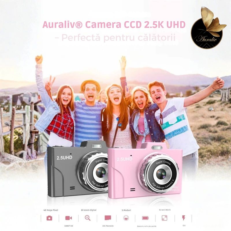 TV, Audio-Video si Foto - Aparate foto si accesorii - Aparate foto - Camera Foto Digitala Auraliv® Albastru 48MP Ultra HD, 2.5K UHD, Video 1080P, Ecran IPS 2.8”,Baterie 750mAh, Card 32GB - Infinity.ro
