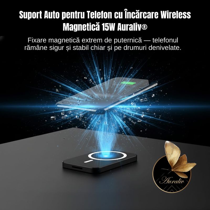 Laptop, Telefoane si Tablete - Telefoane mobile si accesorii - Accesorii Telefoane - Suport si docking telefoane - Suport Auto Magnetic Wireless Auraliv, incarcare rapida 15W, rotire 360, culoare negru - Infinity.ro