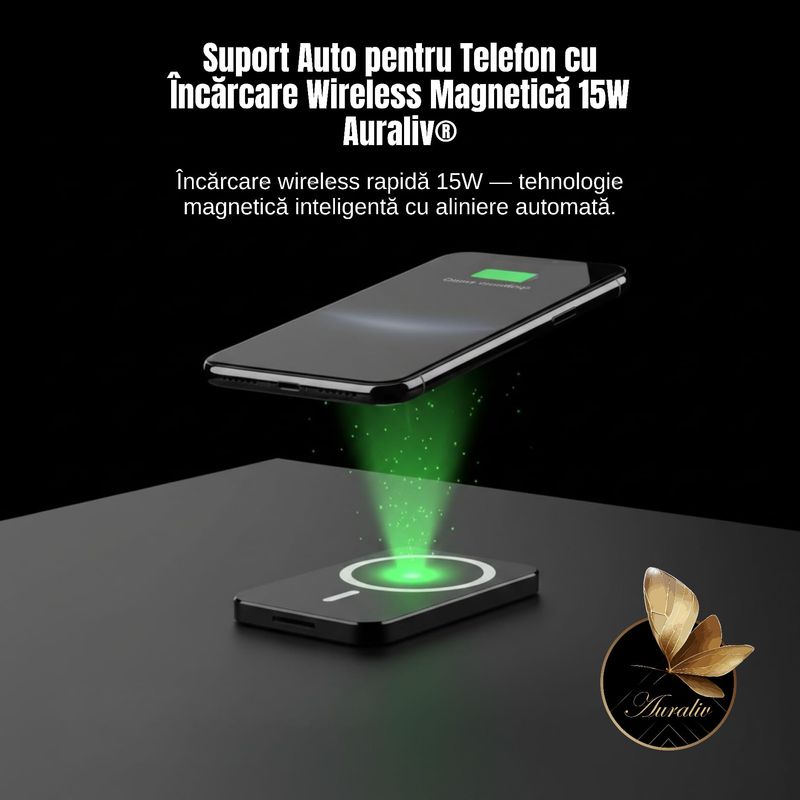 Laptop, Telefoane si Tablete - Telefoane mobile si accesorii - Accesorii Telefoane - Suport si docking telefoane - Suport Auto Magnetic Wireless Auraliv, incarcare rapida 15W, rotire 360, culoare negru - Infinity.ro