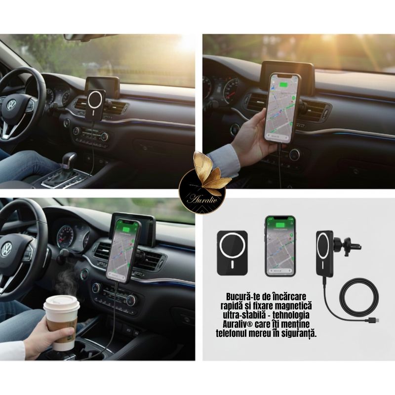 Laptop, Telefoane si Tablete - Telefoane mobile si accesorii - Accesorii Telefoane - Suport si docking telefoane - Suport Auto Magnetic Wireless Auraliv, incarcare rapida 15W, rotire 360, culoare negru - Infinity.ro