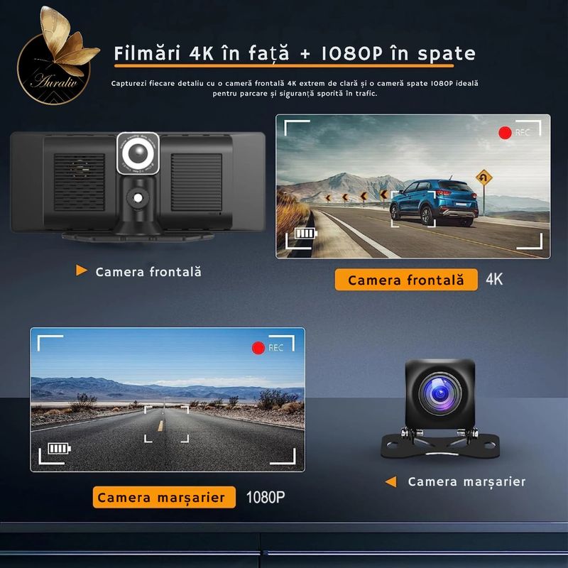 Auto si Moto - Electronice auto - Navigatii GPS - Navigatie Auto AURALIV 7" cu CarPlay si Android Auto, camera fata 4K si camera marsarier 1080P, Bluetooth, - Infinity.ro