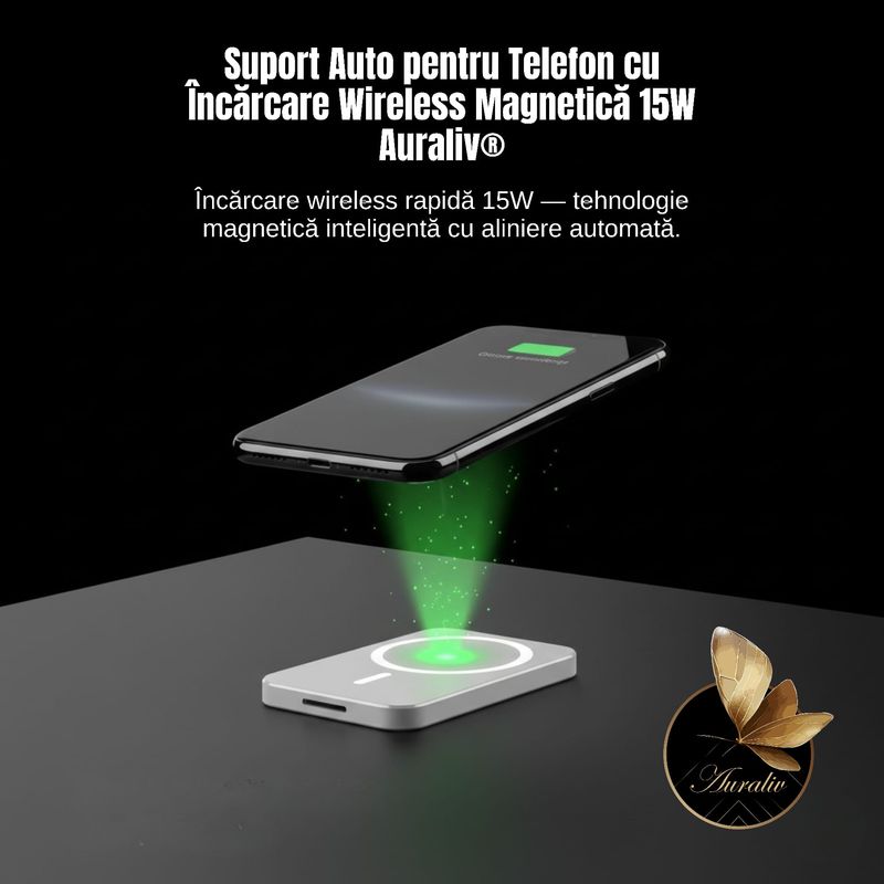 Laptop, Telefoane si Tablete - Telefoane mobile si accesorii - Accesorii Telefoane - Suport si docking telefoane - Suport Auto Magnetic Wireless AURALIV, 15W, Rotire 360, Culoare Alb - Infinity.ro