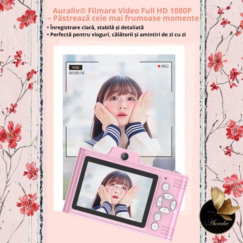 TV, Audio-Video si Foto - Aparate foto si accesorii - Aparate foto - Camera Foto Digitala Auraliv® Roz 48MP Ultra HD, 2.5K UHD, Video 1080P,  Ecran IPS 2.8”,Baterie 750mAh,Card 32GB Inclus - Infinity.ro