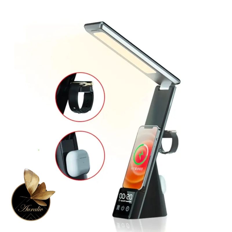 Casa si Gradina - Corpuri si surse de iluminat - Veioze si lampi - Lampi de veghe - Lampa de Birou Multifunctionala Auraliv® 5‑in‑1 cu Incarcare Wireless, Alarma, Suport Telefon si Lumina Reglabila - Infinity.ro