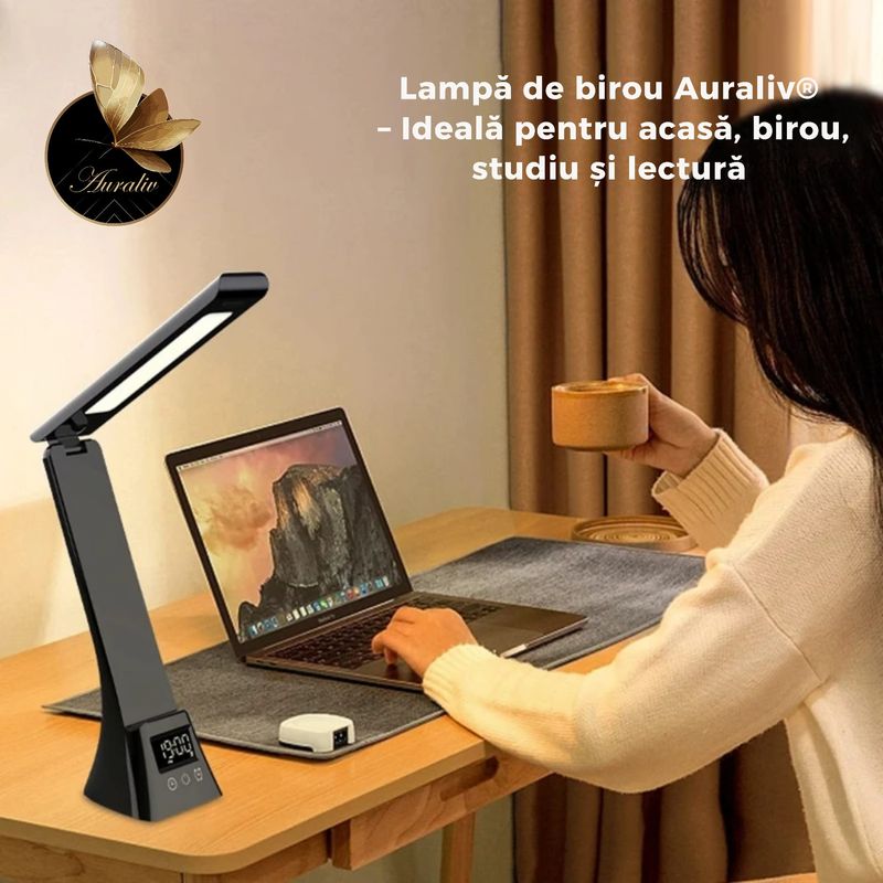 Casa si Gradina - Corpuri si surse de iluminat - Veioze si lampi - Lampi de veghe - Lampa de Birou Multifunctionala Auraliv® 5‑in‑1 cu Incarcare Wireless, Alarma, Suport Telefon si Lumina Reglabila - Infinity.ro