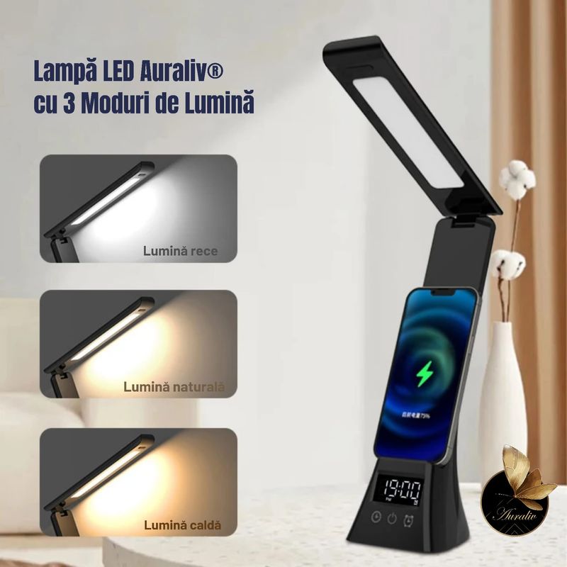 Casa si Gradina - Corpuri si surse de iluminat - Veioze si lampi - Lampi de veghe - Lampa de Birou Multifunctionala Auraliv® 5‑in‑1 cu Incarcare Wireless, Alarma, Suport Telefon si Lumina Reglabila - Infinity.ro