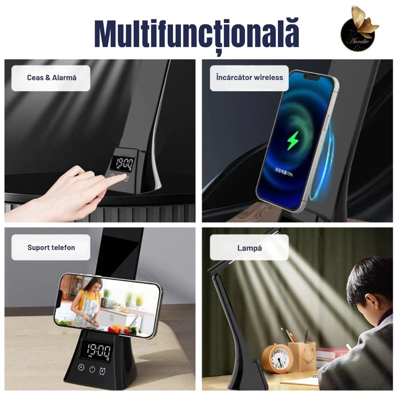 Casa si Gradina - Corpuri si surse de iluminat - Veioze si lampi - Lampi de veghe - Lampa de Birou Multifunctionala Auraliv® 5‑in‑1 cu Incarcare Wireless, Alarma, Suport Telefon si Lumina Reglabila - Infinity.ro