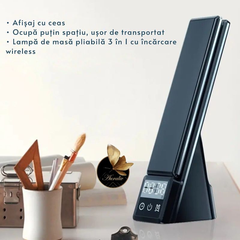 Casa si Gradina - Corpuri si surse de iluminat - Veioze si lampi - Lampi de veghe - Lampa de Birou Multifunctionala Auraliv® 5‑in‑1 cu Incarcare Wireless, Alarma, Suport Telefon si Lumina Reglabila - Infinity.ro