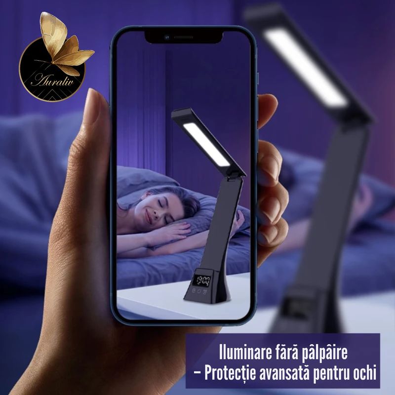 Casa si Gradina - Corpuri si surse de iluminat - Veioze si lampi - Lampi de veghe - Lampa de Birou Multifunctionala Auraliv® 5‑in‑1 cu Incarcare Wireless, Alarma, Suport Telefon si Lumina Reglabila - Infinity.ro