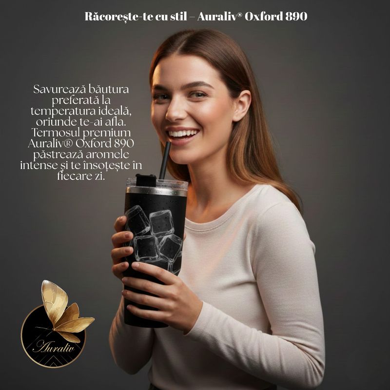 Casa si Gradina - Bucatarie si vesela - Accesorii bar - Termosuri si Cani termos - Termos Premium Auraliv® Oxford 890 – Negru, 890 ml, Otel Inoxidabil 304, Izolare Vacuum, Capac cu Filet si Pai - Infinity.ro