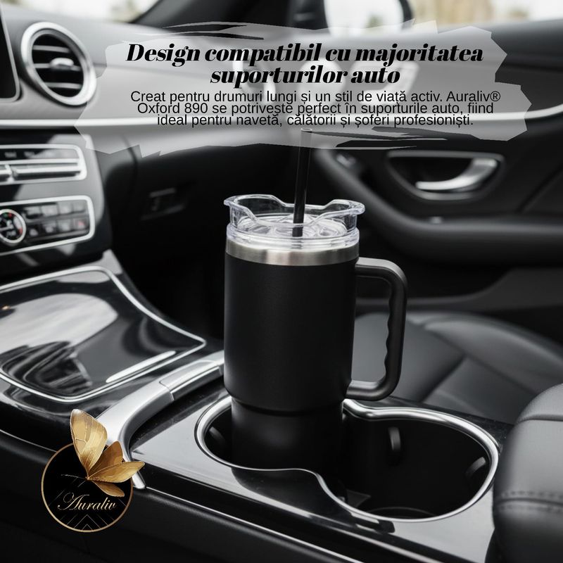 Casa si Gradina - Bucatarie si vesela - Accesorii bar - Termosuri si Cani termos - Termos Premium Auraliv® Oxford 890 – Negru, 890 ml, Otel Inoxidabil 304, Izolare Vacuum, Capac cu Filet si Pai - Infinity.ro