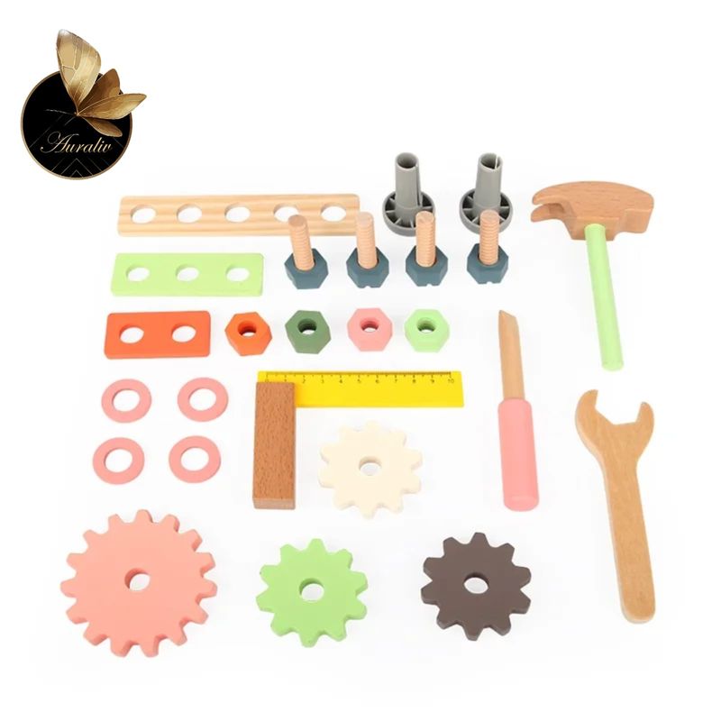 Jucarii, Copii si Bebe - Jucarii si jocuri - Jucarii & jocuri educative - Jucarii interactive - Mini masa de unelte Montessori AURALIV din lemn, unelte incluse, lemn natural, 3 ani - Infinity.ro