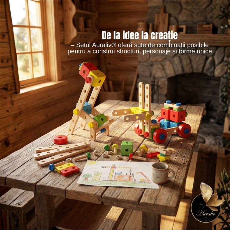 Jucarii, Copii si Bebe - Jucarii si jocuri - Seturi de constructie si cuburi - Seturi de constructie - Set Constructie din Lemn 73 Piese Auraliv® – Jucarie Montessori DIY, Creativitate & Constructii 3D - Infinity.ro