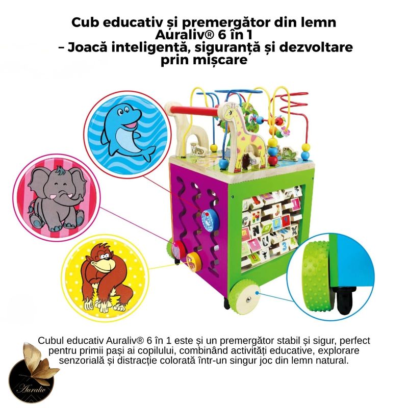 Jucarii, Copii si Bebe - Carucioare si articole de transport - Premergatoare - Premergator si Cub Educativ Montessori 6 in 1, AURALIV, cu Roti din Lemn Cauciucate, Design Colorat, pentru 1+ ani - Infinity.ro
