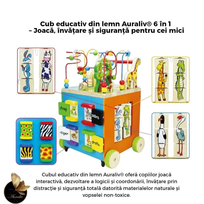 Jucarii, Copii si Bebe - Carucioare si articole de transport - Premergatoare - Premergator si Cub Educativ Montessori 6 in 1, AURALIV, cu Roti din Lemn Cauciucate, Design Colorat, pentru 1+ ani - Infinity.ro
