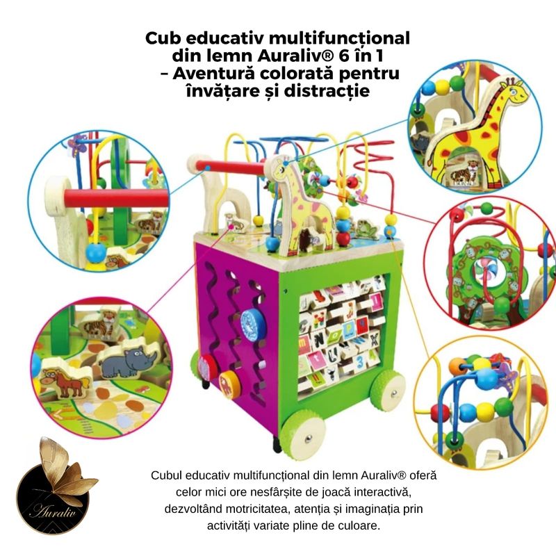 Jucarii, Copii si Bebe - Carucioare si articole de transport - Premergatoare - Premergator si Cub Educativ Montessori 6 in 1, AURALIV, cu Roti din Lemn Cauciucate, Design Colorat, pentru 1+ ani - Infinity.ro