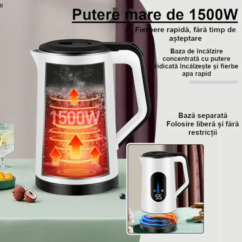 Electronice si Electrocasnice - Electrocasnice bucatarie - Preparare bauturi - Fierbatoare de apa - Fierbator electric portabil de 3L, ABYZ aparat de bucatarie de uz casnic, oprire automata digitala inteligenta alb - Infinity.ro