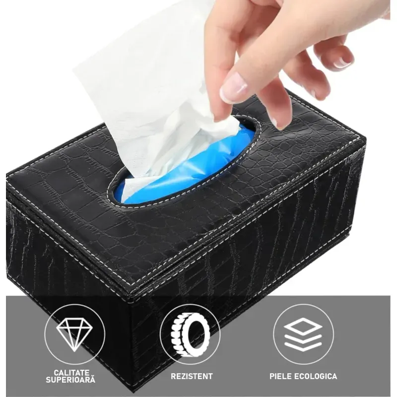 Casa si Gradina - Mobilier - Organizare si depozitare - Cutii depozitare - Cutie pentru Servetele, Piele Ecologica, dimensiuni 24x12x8,5cm, culoare Negru Lucios ABYZ - Infinity.ro