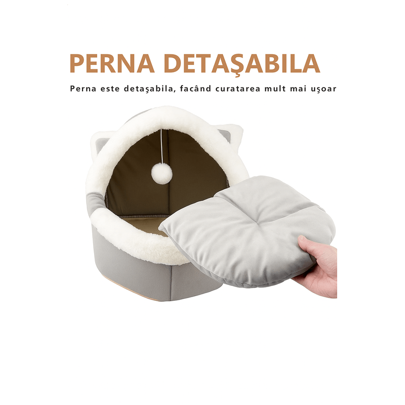 Petshop - Accesorii petshop - Culcusuri si custi - Culcusuri si saltele - Culcus pentru pisici tip casuta Brivoo, gri, M 30x30x31 cm, design cu urechi de pisica, confortabil si modern - Infinity.ro